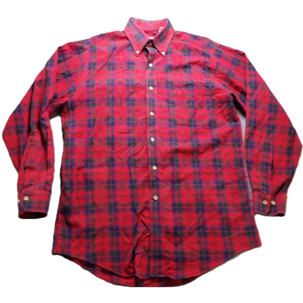 VTG 90s Viyella Men Medium Plaid Button Down Shirt Red Blue Cotton Wool USA Made